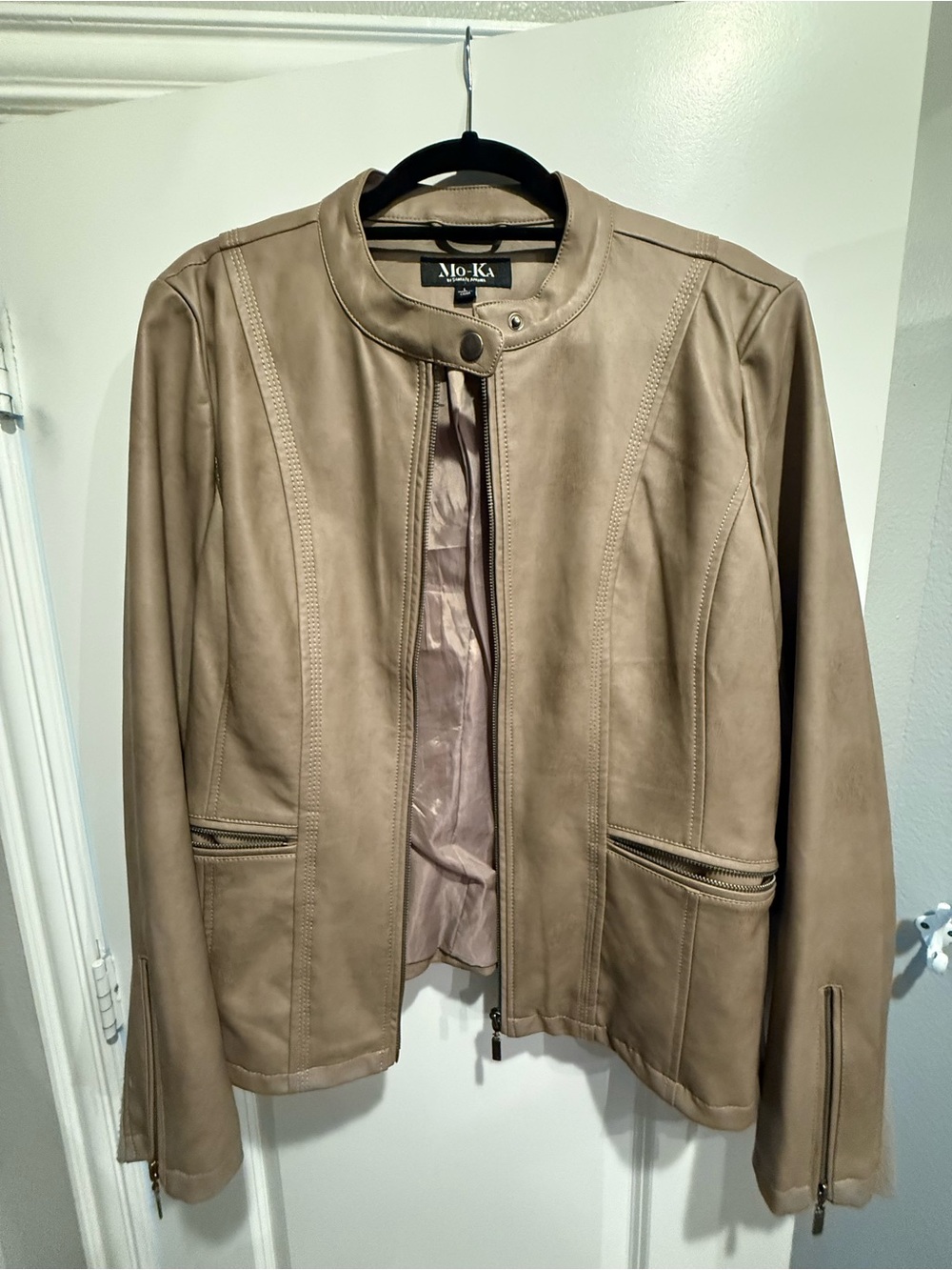 Women's Taupe Leather Moto Jacket with Stand Collar